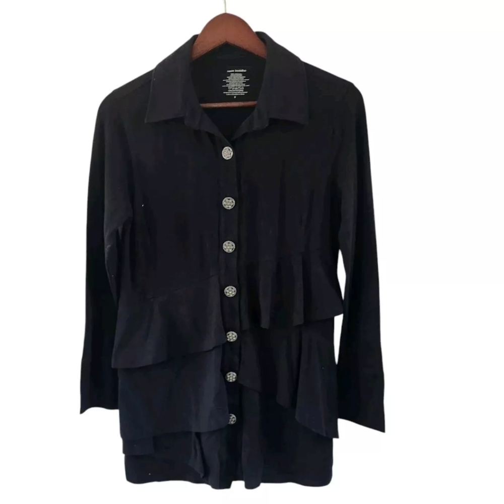 Neon Buddha Black Lagenlook Button Front Boho Top Layered Women Size S Tiny Flaw